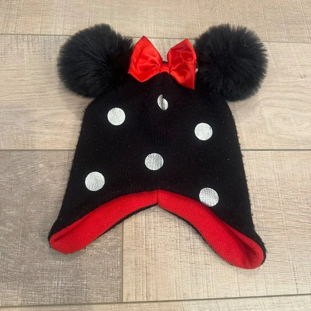 DISNEY YOUTH WINTER HAT TOBOGGIN MINNIE MOUSE WHITE POLKA DOTS